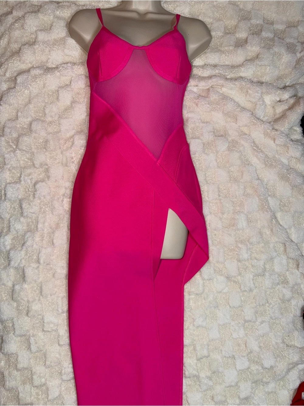 Sheer Panel Hot Pink bandage Dress with Side Slit